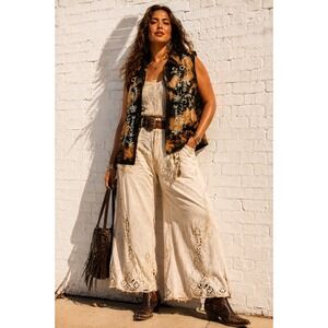 Vintage The Avenue Black Cotton Linen Embroidered Vest Reworked Floral 26/28